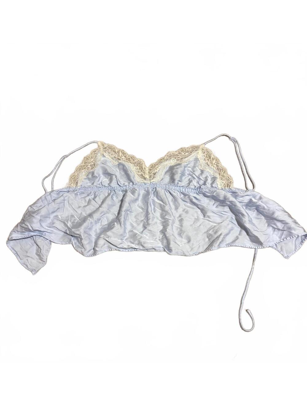 Aerie 100% Viscose Baby Blue Coquette Satin Cami Top Lace Trim Open Back XS